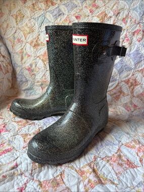 Hunter Black Short Iridescent Glitter Rain Boots Womens Size US 6 EU 37
